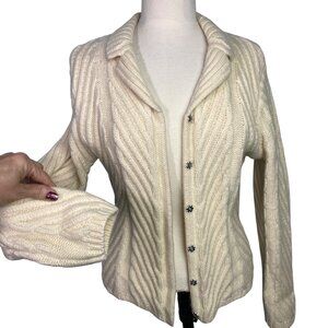 Mercer & Madison Merino Wool cream Cable Knit Cardigan Sweater collar ivory M/L